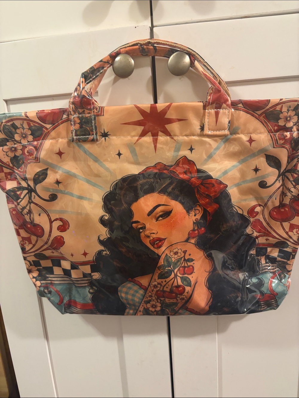 Graphic Pin-Up Tote Bag in Beige and Red with Cherry New Vinyl Bag Gorgeous